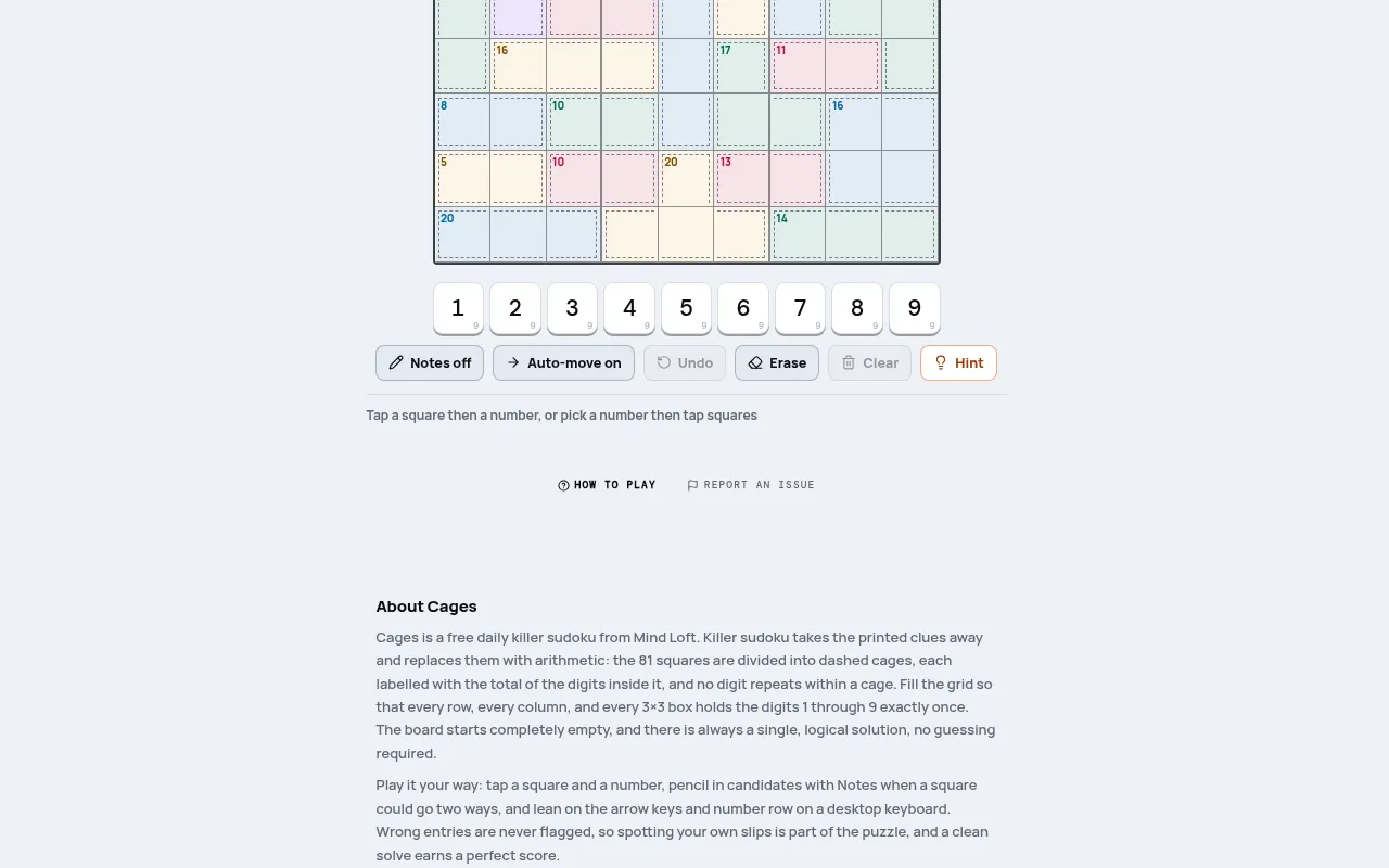 Cages killer sudoku on mindloftdaily.com: the lower rows of an empty grid divided into coloured dashed cages with sums, above a 1 to 9 number pad and Notes, Undo, Erase and Hint buttons