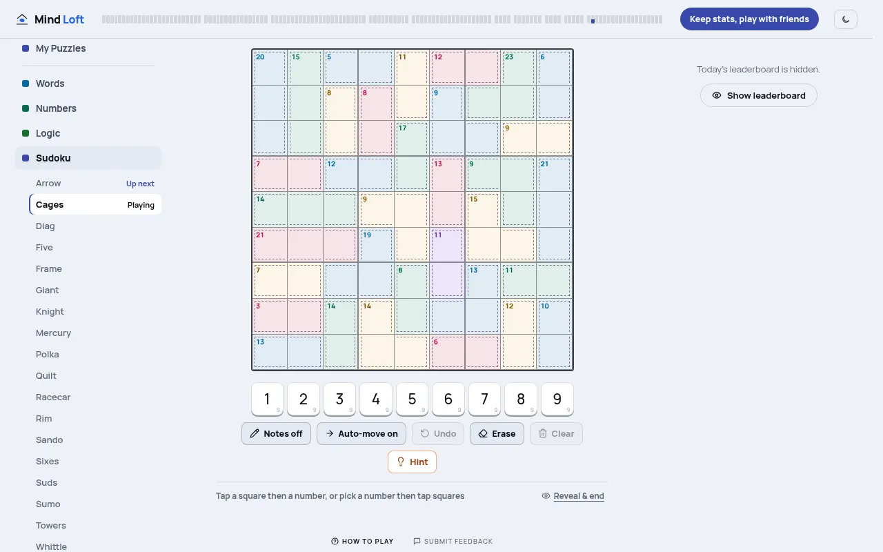 Cages on a desktop, 19 Oct 2026: the whole empty 9x9 killer sudoku with coloured dashed cages and their sums, above the 1 to 9 pad and Notes, Undo, Erase and Hint buttons