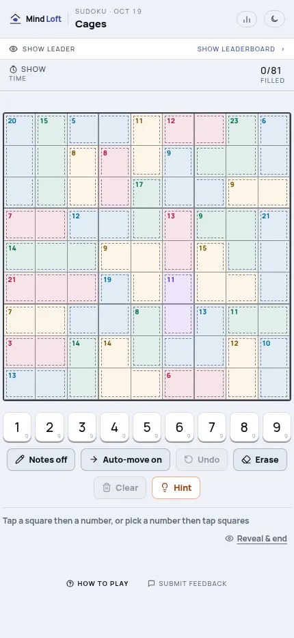 Cages on a phone: the 19 Oct killer sudoku grid fills the screen width, with a 0/81 filled counter above and the number pad and Hint button below