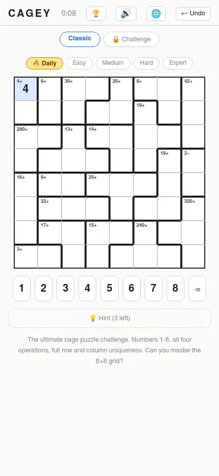 Cagey on a phone: the Expert 8x8 Daily grid with a 4 placed in the first cage, a timer at 0:08, a 1 to 8 keypad and a hint button with 3 left