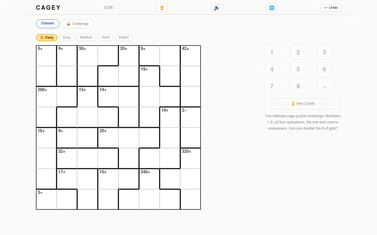 Cagey's Daily puzzle for 21 Oct 2026: an empty Expert 8x8 cage grid with targets such as 280×, 320× and 3÷ beside a 1 to 8 keypad