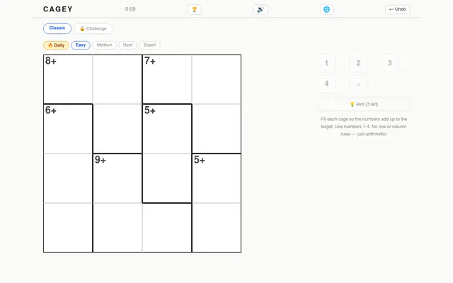 Cagey's Daily Easy puzzle: an empty 4x4 grid split into cages marked 8+, 7+, 6+, 5+, 9+ and 5+, beside a 1 to 4 keypad and a hint button