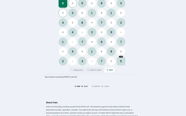 Calc board on mindloftdaily.com: a seven-wide grid of round calculator buttons alternating digits and operators, from a highlighted start button to the END button, with Step back, Back to start and Hi