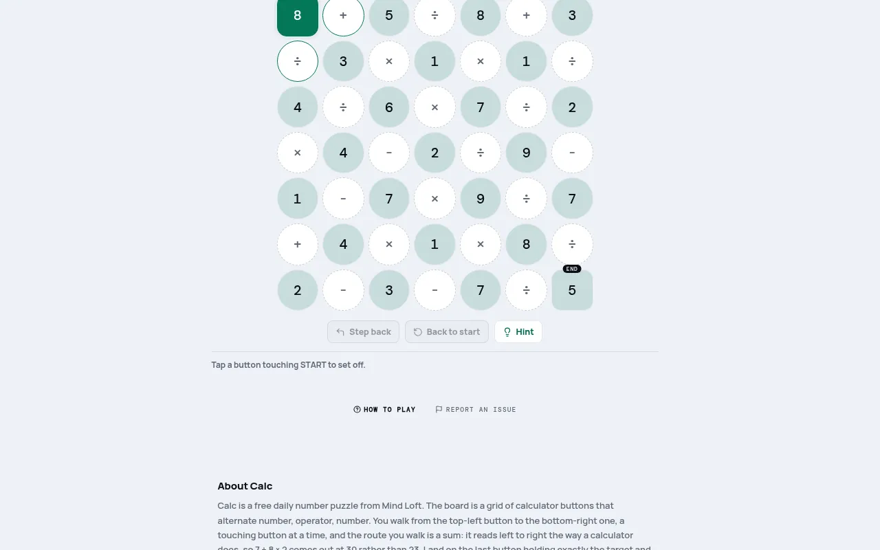 Calc board on mindloftdaily.com: a seven-wide grid of round calculator buttons alternating digits and operators, from a highlighted start button to the END button, with Step back, Back to start and Hi