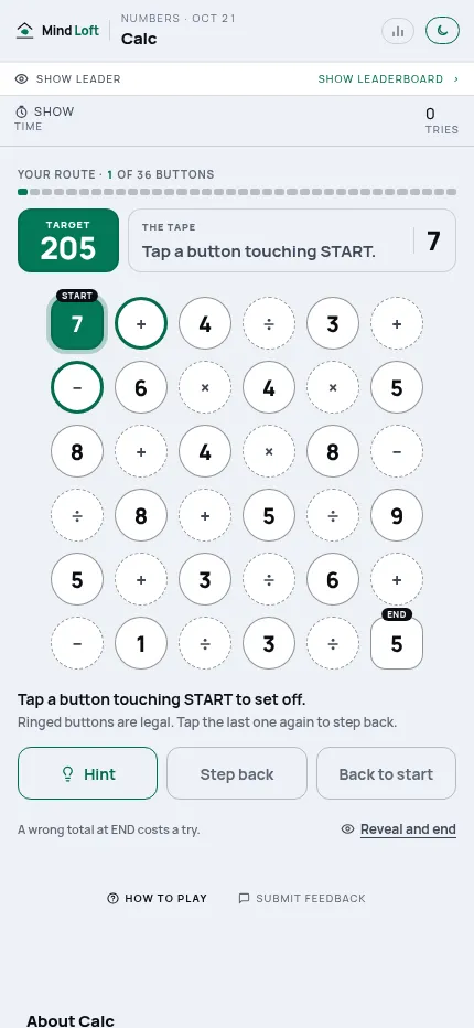 Calc on a phone, 21 October 2026: the target 205, the tape, the six-by-six button grid with START and END, and Hint, Step back and Back to start buttons