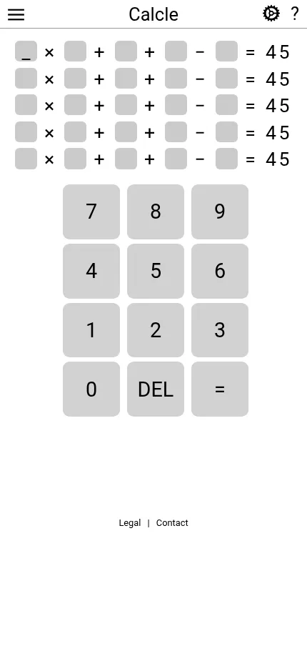 Calcle at phone size: the five equation rows equal to 45 fit the screen above a large number pad