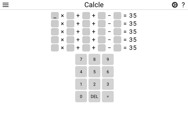 The Calcle board: five empty rows of the equation blank times blank plus blank plus blank minus blank equals 35, above a number pad with DEL and equals keys