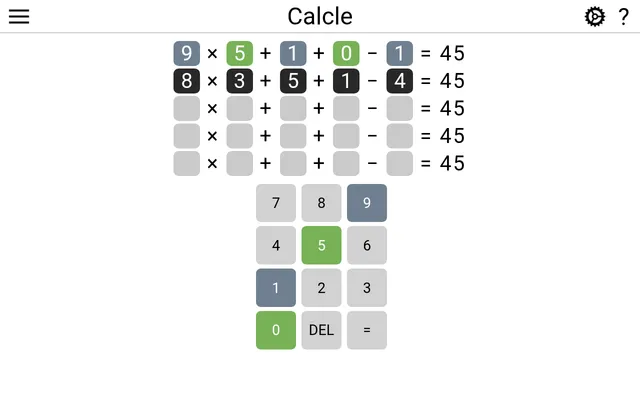 Today's Calcle board (result 45) with a first guess 9 x 5 + 1 + 0 - 1 scored in green and grey, a second row typed, and the number pad coloured to match