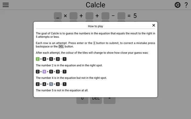 Calcle game showing an equation row (digit times digit plus digit plus digit minus digit equals 5) with a How to Play panel explaining green means a digit is in the right spot, purple means it is in t