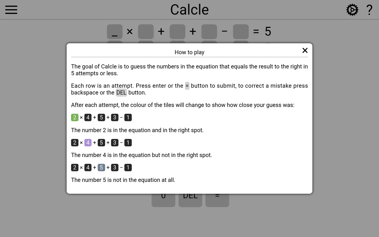 Calcle game showing an equation row (digit times digit plus digit plus digit minus digit equals 5) with a How to Play panel explaining green means a digit is in the right spot, purple means it is in t