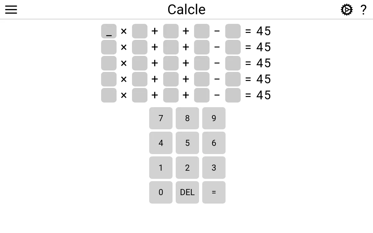 The empty Calcle board on a desktop: five rows of blank times blank plus blank plus blank minus blank equals 45, above a number pad