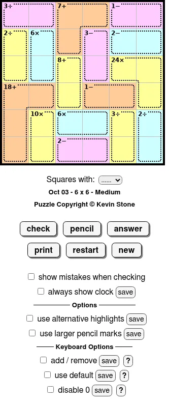 BrainBashers CalcuDoku for 3 October, 6x6 Medium: coloured cages with clues such as 24x, 18+ and 2÷, above the check, pencil and answer buttons
