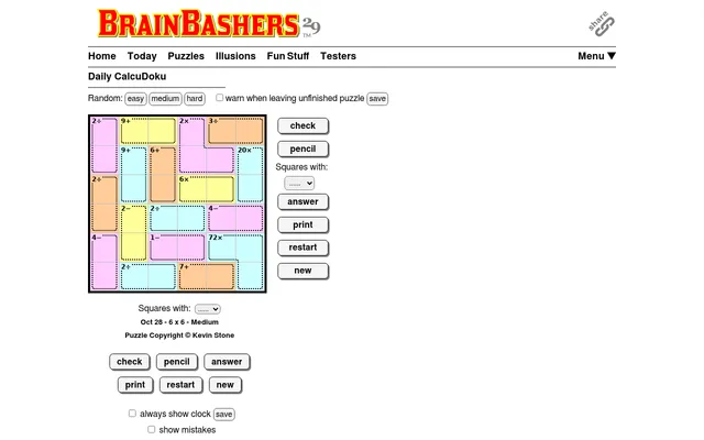 BrainBashers CalcuDoku for 28 October 2026, 6x6 Medium, at desktop size: coloured cages with clues such as 72x, 20x and 2÷ beside the check, pencil and answer buttons
