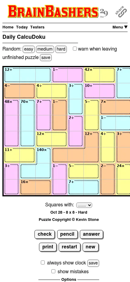 The 28 October 8x8 Hard CalcuDoku on a phone screen: the caged grid's last column runs past the right edge, with the check and pencil buttons below