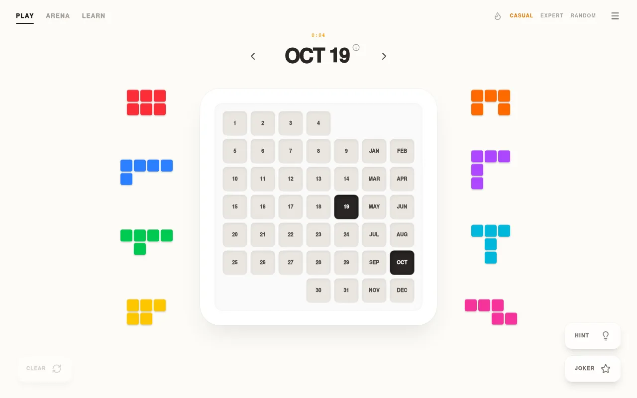 Daily Calendar Puzzle for Oct 19: the empty calendar board with 19 and OCT marked, eight coloured pieces around it, Hint and Joker buttons