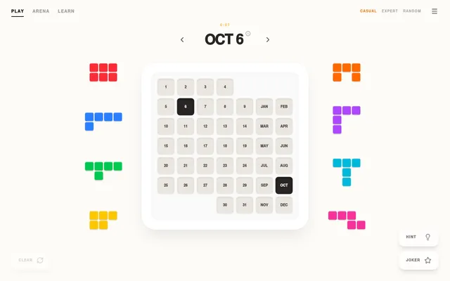 Daily Calendar Puzzle for Oct 6: the empty calendar board with 6 and OCT marked and eight coloured pieces around it