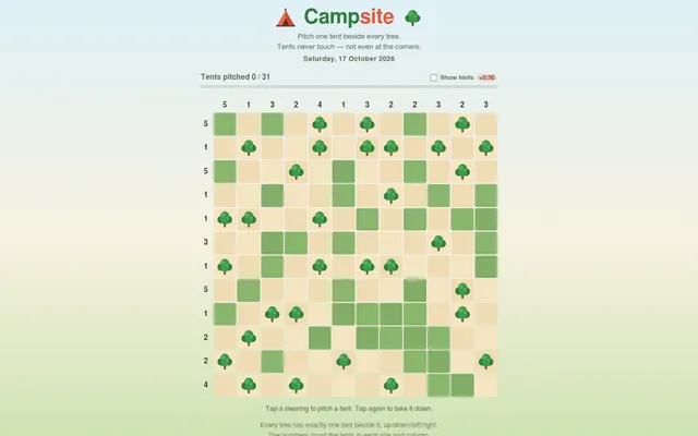 Campsite's daily board for 17 October 2026: a 12 by 12 grid of grass and trees with tent counts beside every row and column, 0 of 31 tents pitched