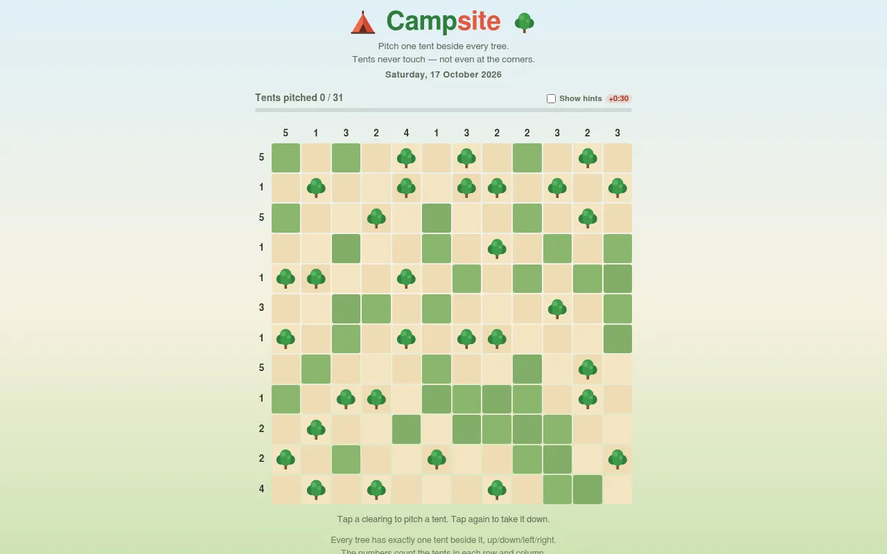 Campsite's daily board for 17 October 2026: a 12 by 12 grid of grass and trees with tent counts beside every row and column, 0 of 31 tents pitched