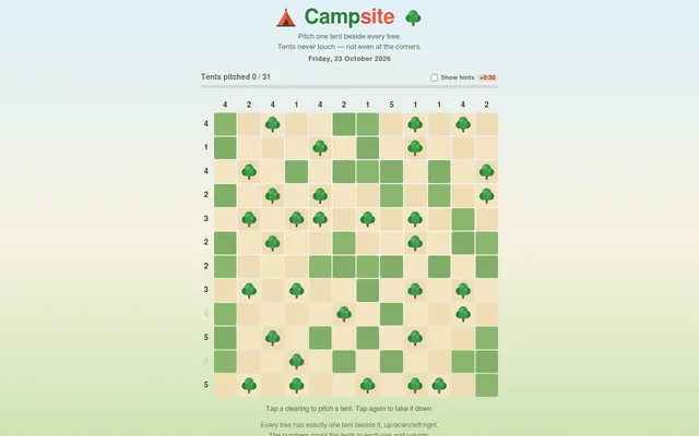 Campsite's daily board for Friday 23 October 2026: a 12 by 12 grid of grass and trees with tent counts beside every row and column, 0 of 31 tents pitched