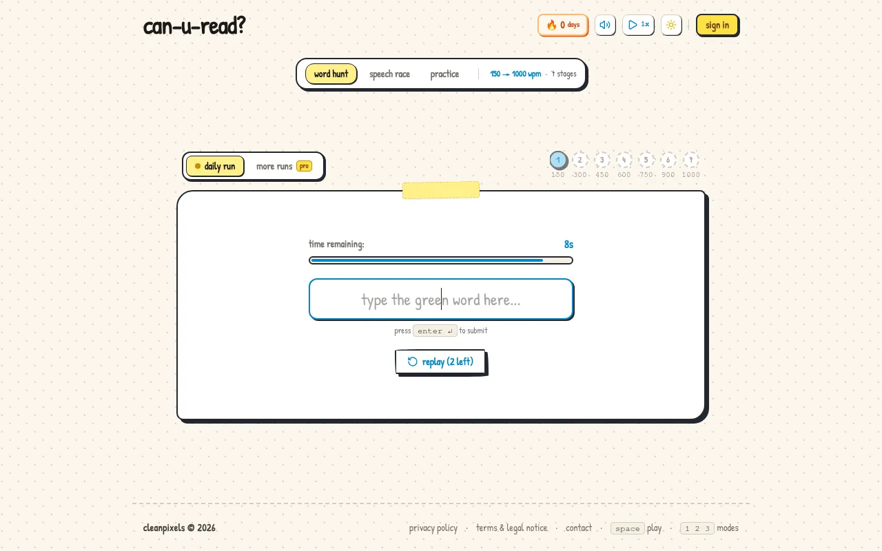 can-u-read? daily run after a sentence: a ten-second timer and a box to type the green word, with a replay button