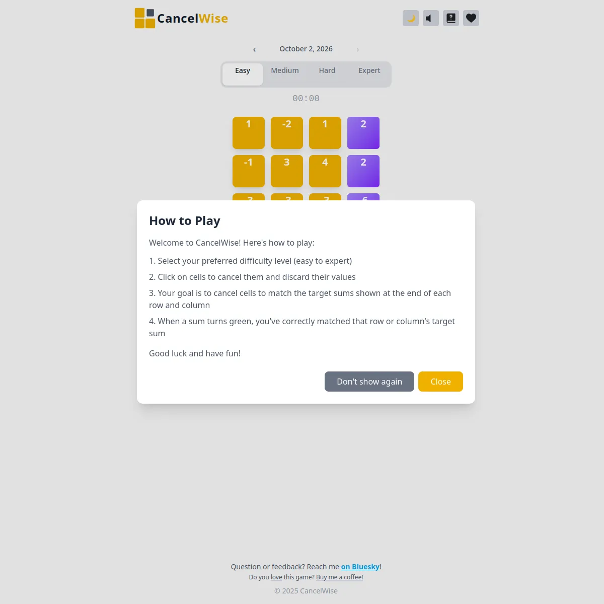 CancelWise on October 2, 2026, with Easy, Medium, Hard and Expert tabs, a timer, and a grid of yellow positive and negative number cells beside purple target-sum cells, over a How to Play panel explai
