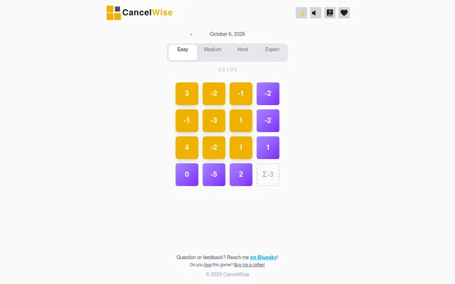 CancelWise for October 6, 2026, Easy: a 3x3 grid of yellow positive and negative numbers with purple target sums for each row and column, and Medium, Hard and Expert tabs