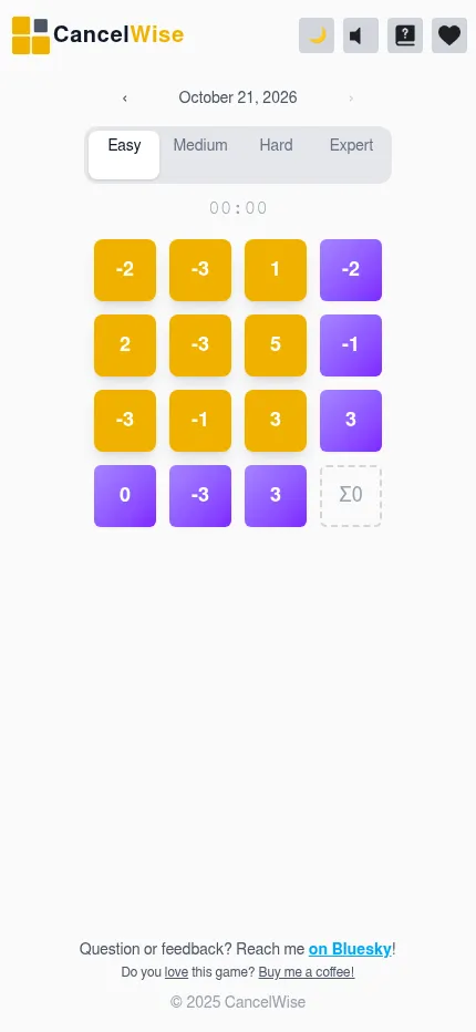 CancelWise at phone size on October 21, 2026: the Easy grid with its row and column targets, date arrows and difficulty tabs