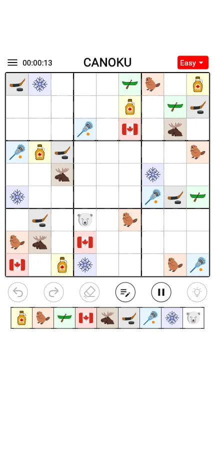 Canoku 9x9 Easy board on a phone, with undo, notes, pause and hint buttons and the row of nine Canadian emojis under the grid
