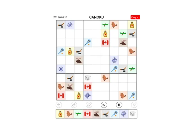 Today's Canoku 9x9 Easy board at desktop size: Canadian emojis such as maple syrup, beavers, canoes and moose placed in the grid, the emoji row below