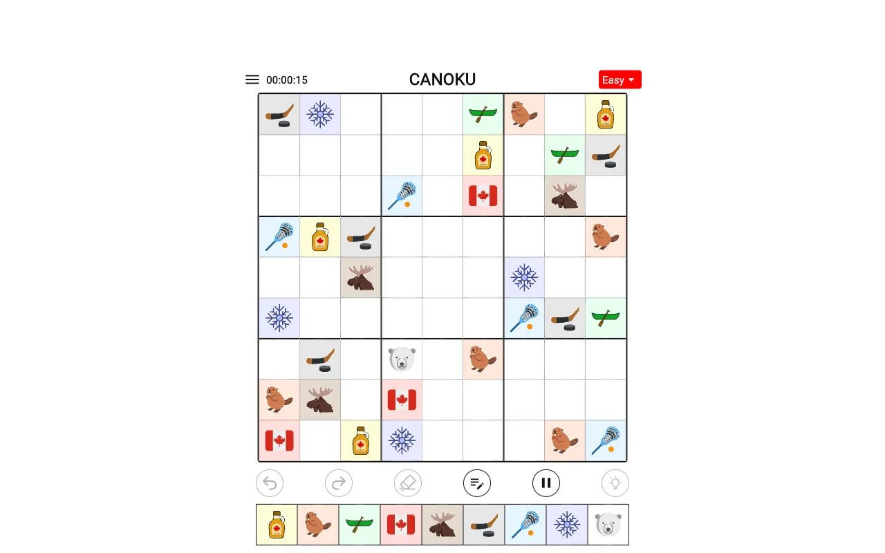 Today's Canoku 9x9 Easy board at desktop size: Canadian emojis such as maple syrup, beavers, canoes and moose placed in the grid, the emoji row below