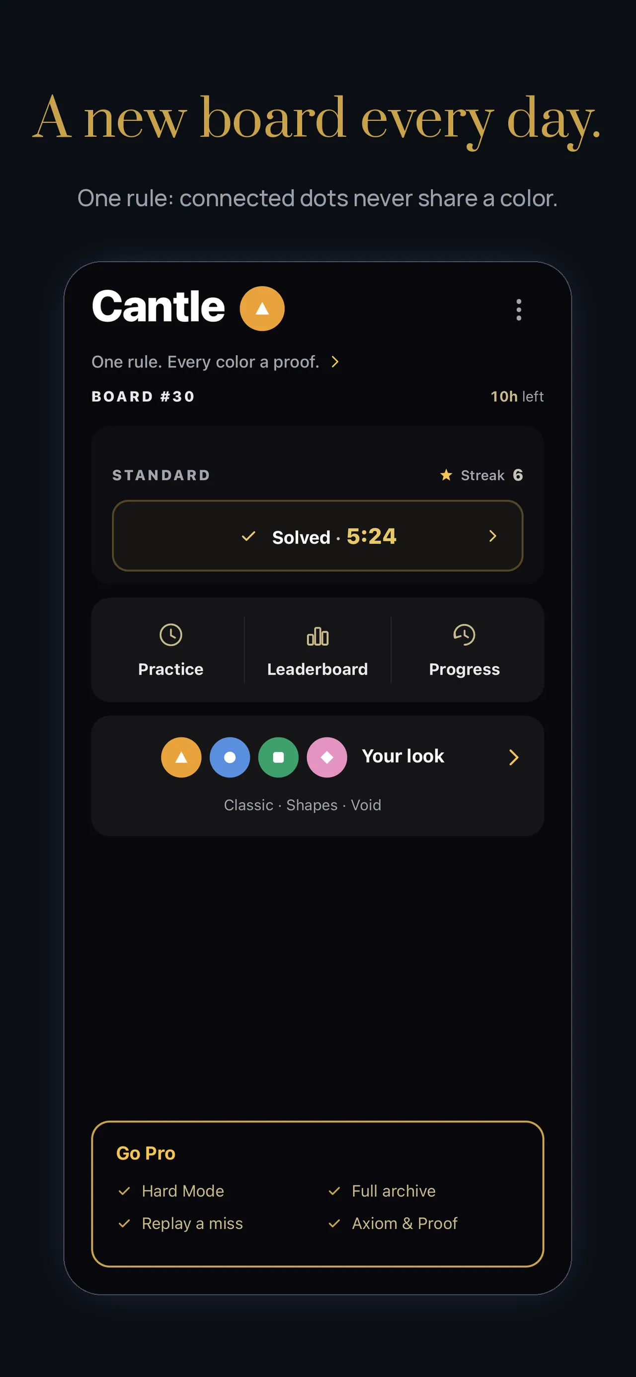 Cantle's home screen with board #30 solved, the streak, practice, leaderboard and progress