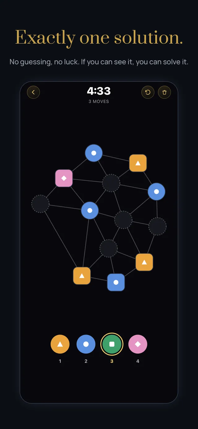 A Cantle board in progress: a web of joined dots, some coloured amber, blue and pink with shapes, others still empty