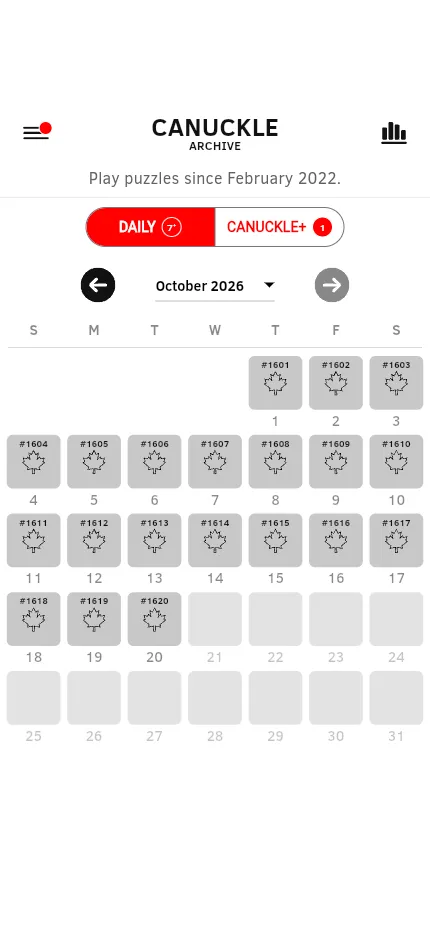 Canuckle's archive calendar for October 2026, with daily puzzles #1601 to #1620 to replay