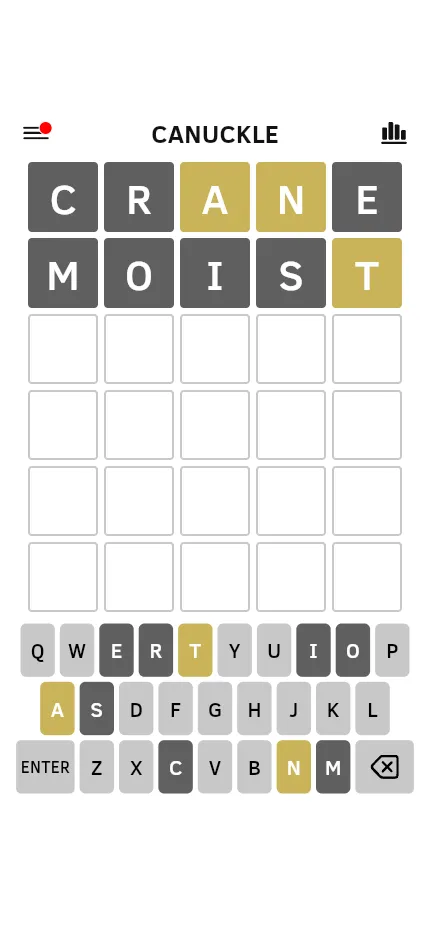Canuckle at phone size: the six-row board with two guesses played and the keyboard below