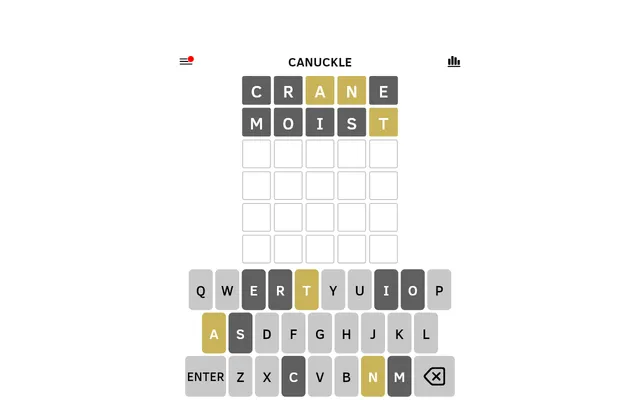 Canuckle on a desktop: two guesses, CRANE and MOIST, on today's board with A, N and T in yellow, above the on-screen keyboard