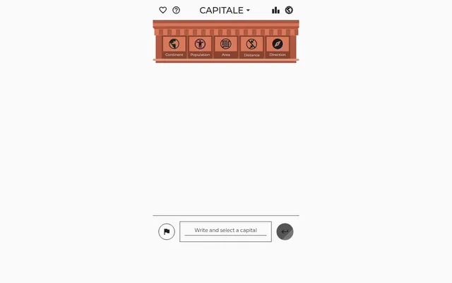 The Capitale board: a row of clue headings for continent, population, area, distance and direction above a box to write and select a capital