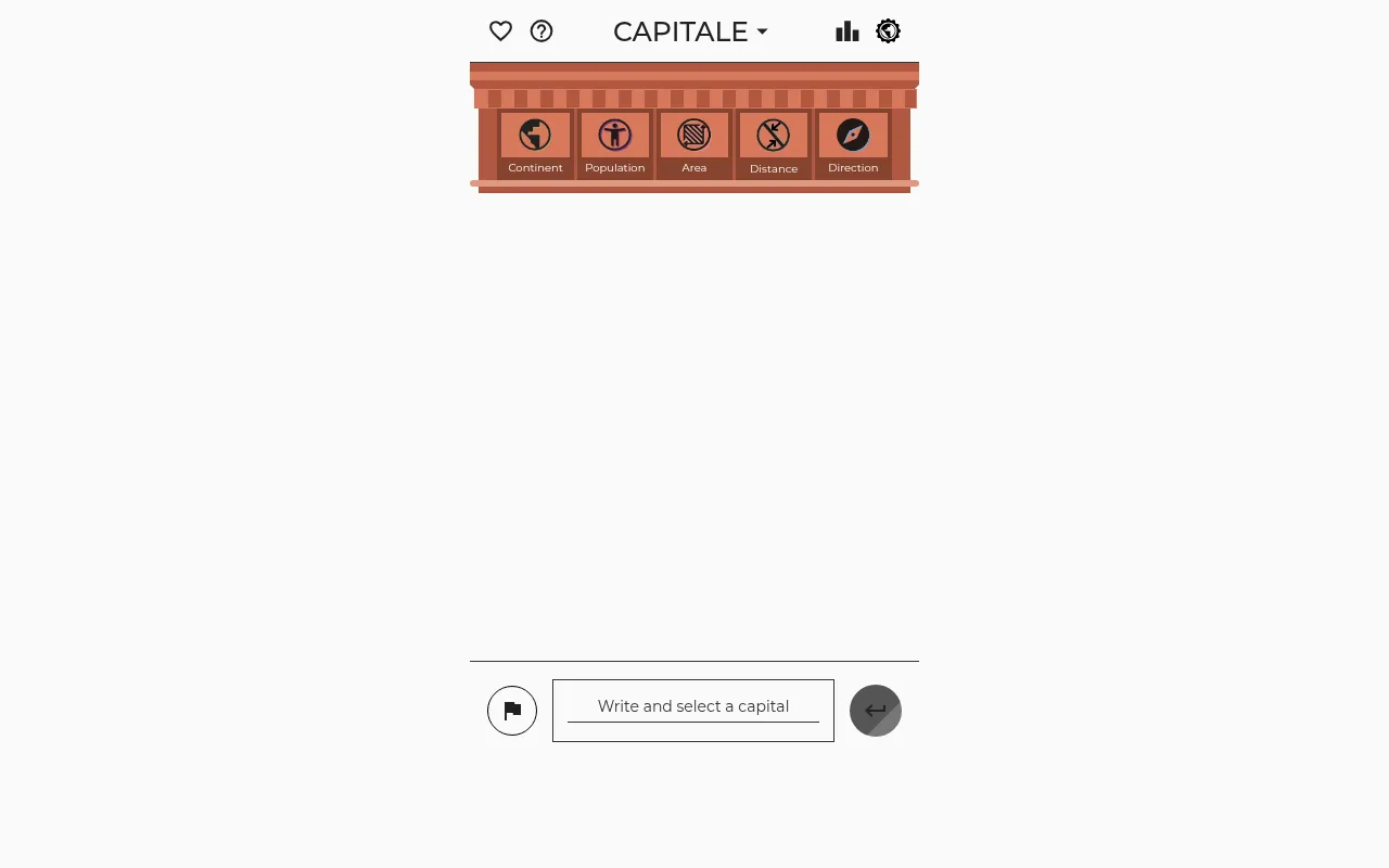 The Capitale board: a row of clue headings for continent, population, area, distance and direction above a box to write and select a capital
