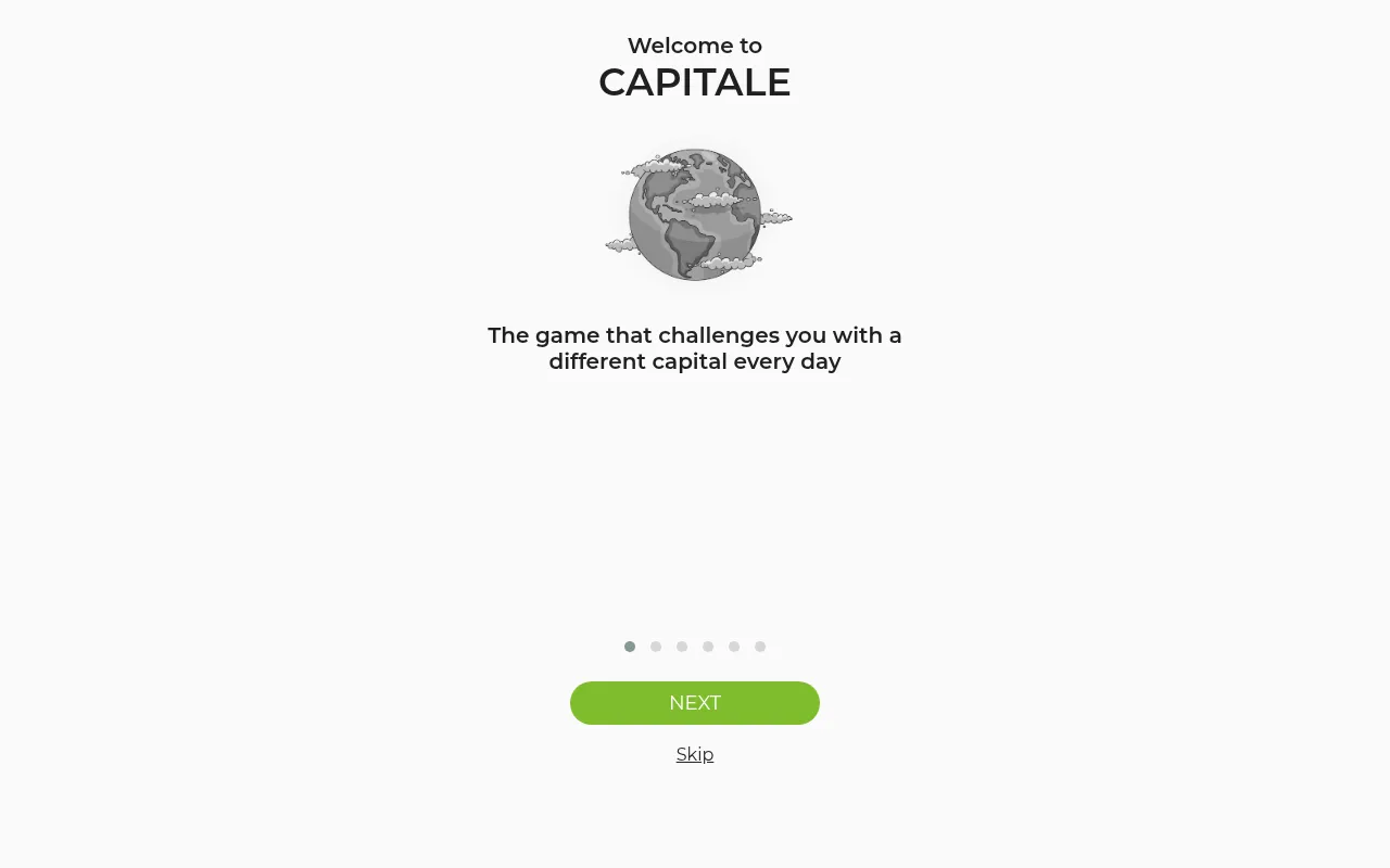Capitale's welcome screen with a globe: the game that challenges you with a different capital every day