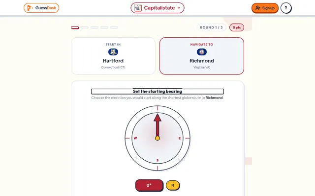 Capitalistate round 1 of 5: start in Hartford, Connecticut, navigate to Richmond, Virginia, with a compass to set the starting bearing