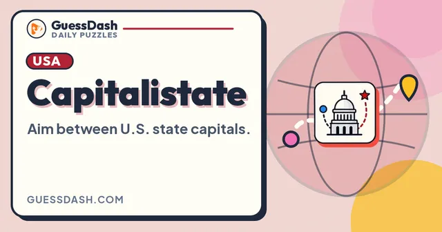 The Capitalistate card from GuessDash: the title, a USA tag and the line Aim between U.S. state capitals beside a globe with a capitol building and a dotted route