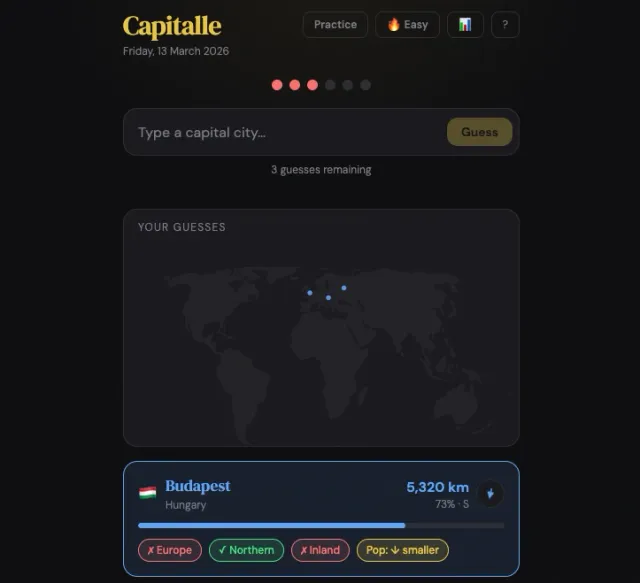 Capitalle board on 13 March 2026: three guesses used, dots on a world map and a Budapest card at 5,320 km south with Europe, Northern, Inland and population tiles