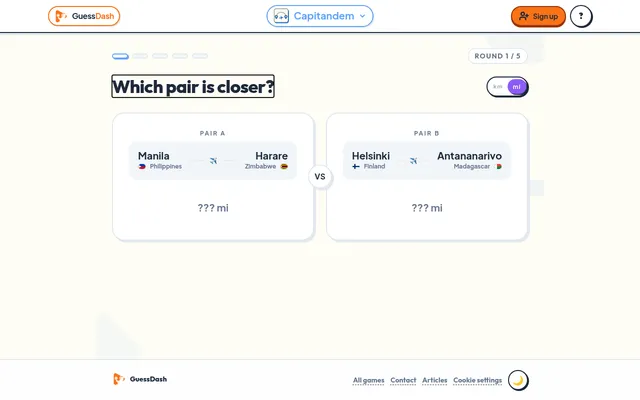 Capitandem round 1 of 5: which pair is closer, Manila to Harare or Helsinki to Antananarivo, with the distances hidden