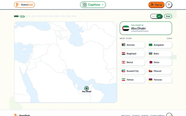 Capitour: a map of the Middle East starting at Abu Dhabi, beside a list of next stops such as Amman, Baghdad, Doha, Tehran and Yerevan