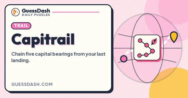 The Capitrail card from GuessDash: the title with a Trail tag and the line Chain five capital bearings from your last landing, beside a drawing of a zigzag route with a compass