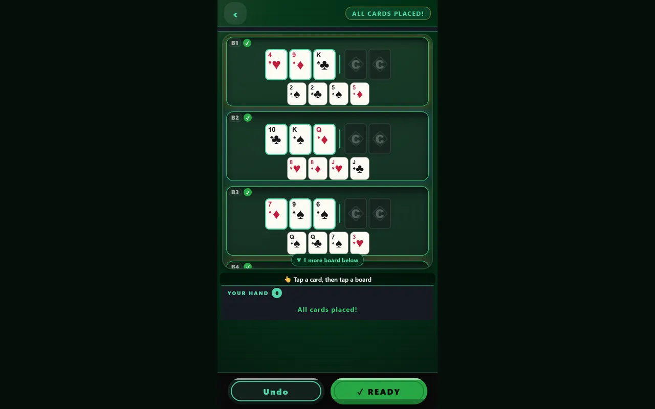A CAPS Poker hand on desktop with all cards placed: boards B1 to B3 each showing three community cards face up and two face down above four of the player's cards, a fourth board below, and Undo and Re