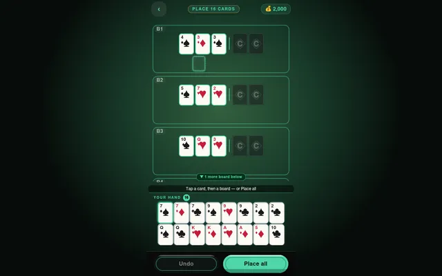 The CAPS Poker Daily Challenge for 28 October 2026 on desktop: boards B1 to B3 with three community cards each, a fourth board below, and a hand of 16 cards to place