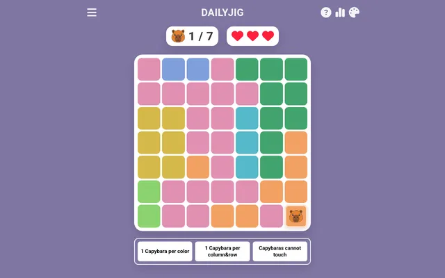 Capybas on DAILYJIG: a seven by seven grid of colour regions with one capybara found in the bottom right corner, three hearts, and the three rules listed below
