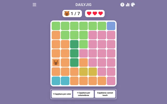 Capybas on DAILYJIG, the 18 October 2026 board: a seven by seven grid of colour regions with the first capybara shown on the left, a 1 / 7 counter, three hearts and the three rules below