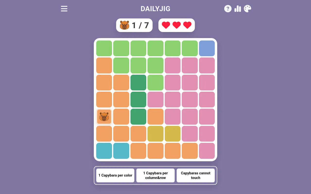 Capybas on DAILYJIG, the 18 October 2026 board: a seven by seven grid of colour regions with the first capybara shown on the left, a 1 / 7 counter, three hearts and the three rules below