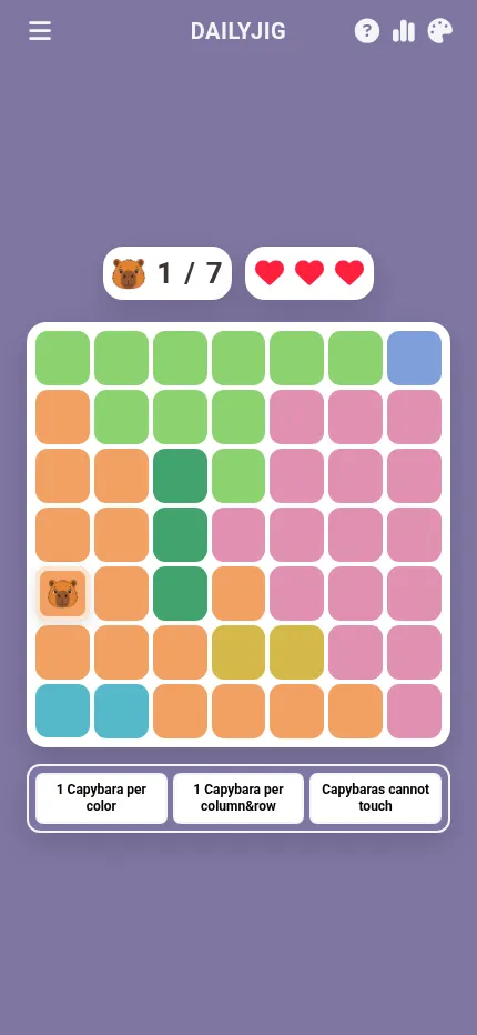 The same Capybas board at phone size, the grid filling the width of the screen with the rules underneath